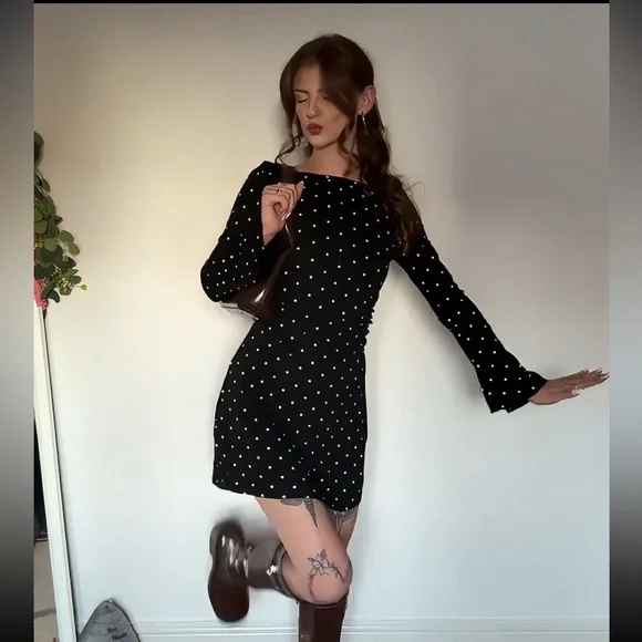 Cider COTTON-BLEND BOAT NECK POLKA DOT RUCHED BELL SLEEVE MINI DRESS Ab5-4 XL - Picture 7 of 9